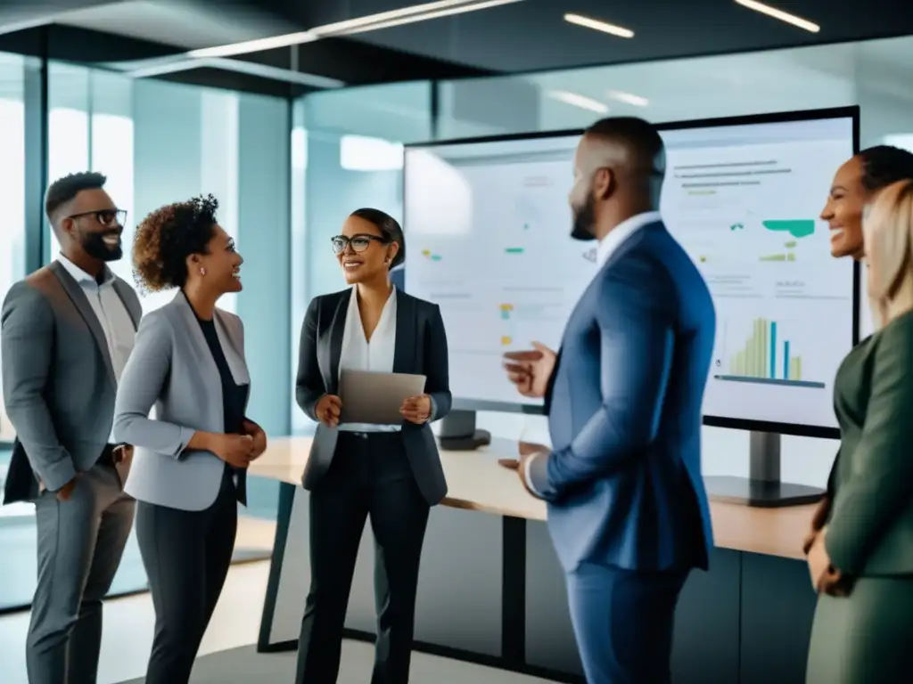 Profesionales diversos en oficina moderna, colaborando y planeando estratégicamente