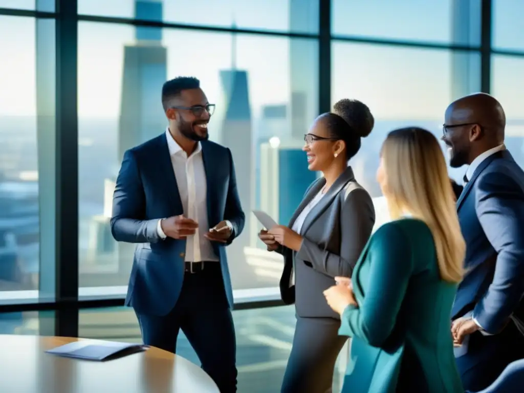 Profesionales en evento de networking con panorama de ciudad, mostrando preparación financiera para desempleo