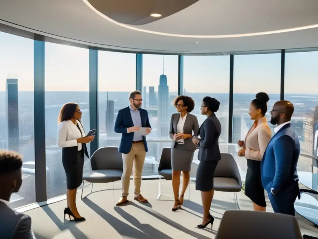 Profesionales en un taller interactivo con vista panorámica de la ciudad, colaborando y discutiendo ideas