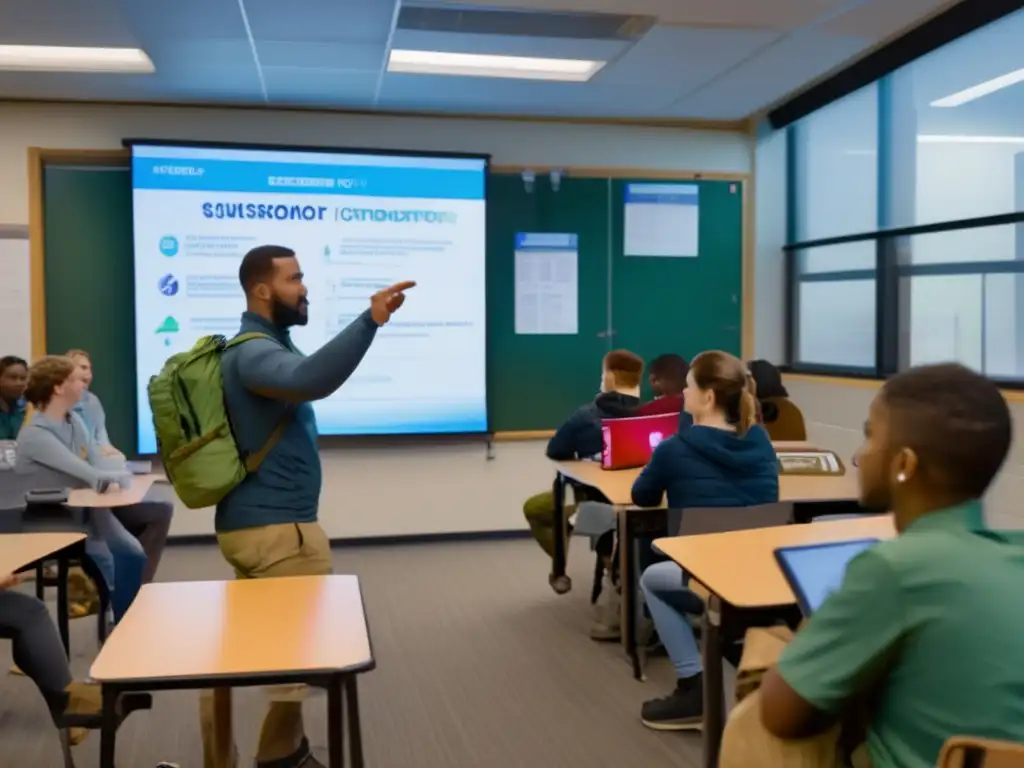 Instructor y alumnos en aula con tecnología moderna enseñando cursos de códigos y señales para supervivencia