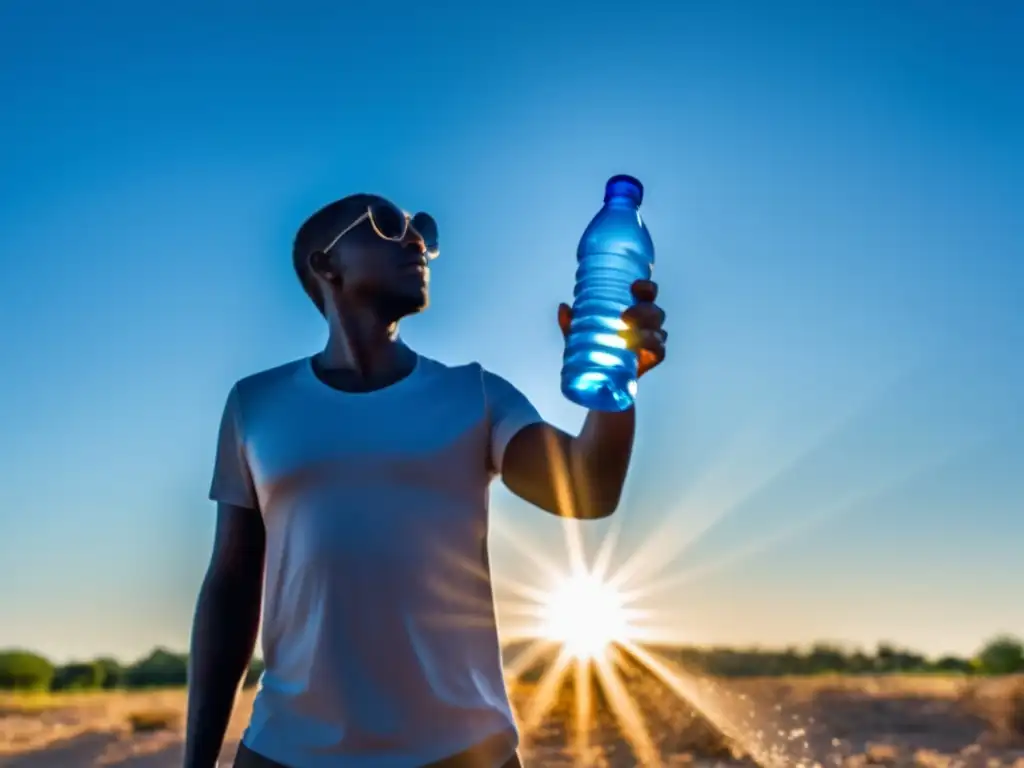 Persona bajo el sol con botella de agua transparente, resalta reutilización de botellas plásticas en emergencias