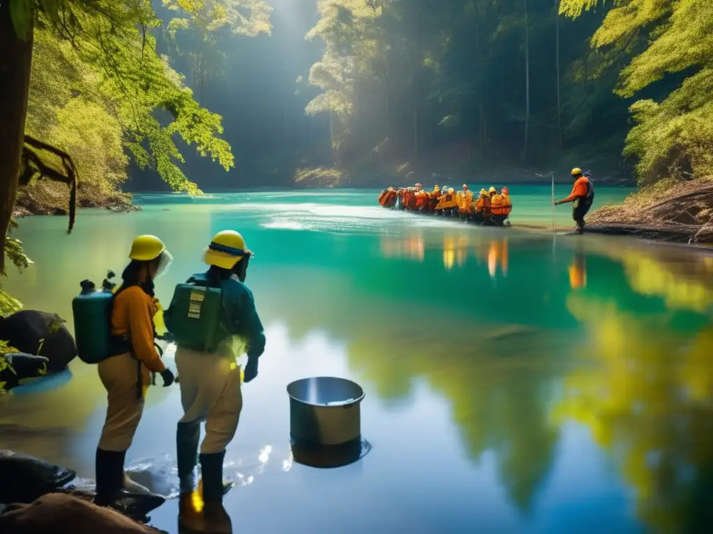 Purificación agua en desastres naturales: río cristalino y voluntarios purificando el agua con tecnología avanzada