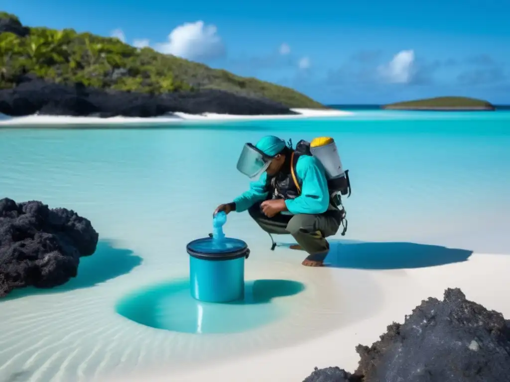 Técnicas purificación agua salada: persona en isla desierta purifica agua de mar con avanzado sistema de filtración