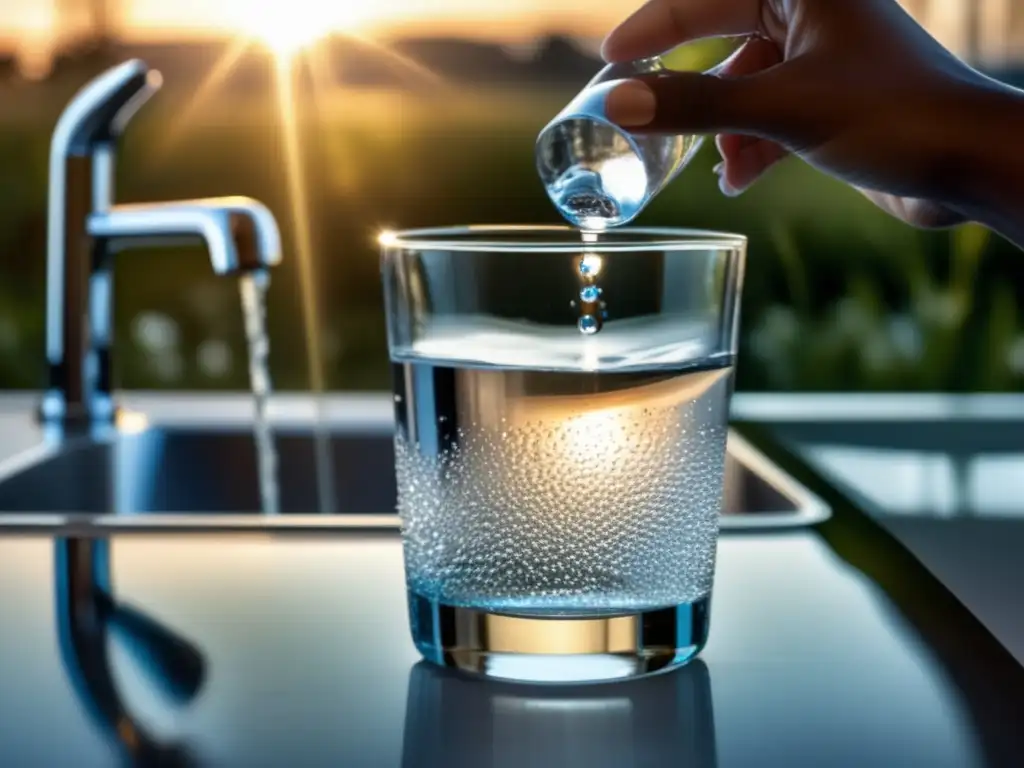 Métodos efectivos de purificación de agua: persona sosteniendo vaso de agua cristalina, con luz solar y burbujas, reflejando claridad y pureza