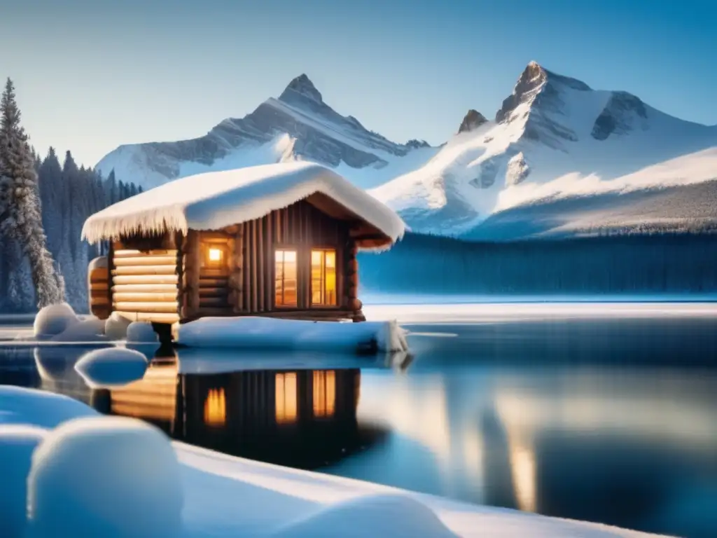 Purificación de agua en climas fríos: paisaje invernal con montañas nevadas, cabaña de madera y sistema de purificación avanzado