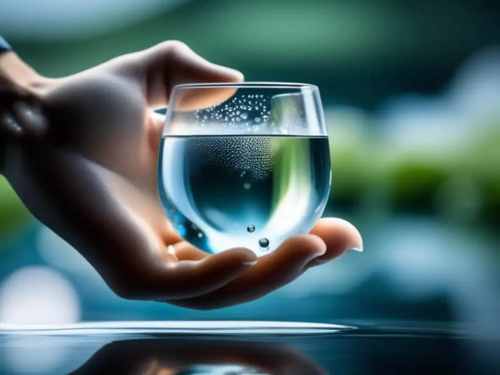 Purificación de agua en emergencias: Mano sosteniendo vaso con agua cristalina, burbujas flotando, tableta disolviéndose