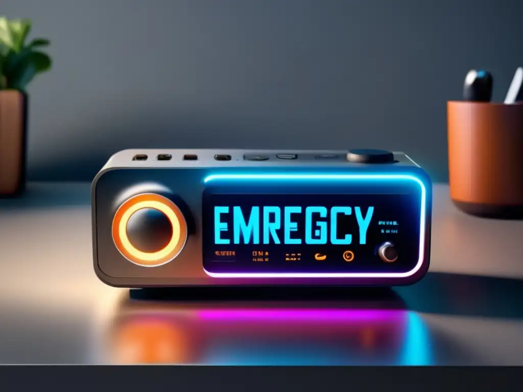 Radio de emergencia con manivela en una mesa minimalista