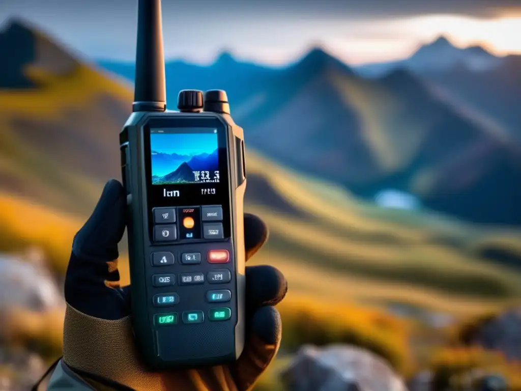 Radio HAM en emergencias: dispositivo portátil moderno y resistente, rodeado de montañas, con pantalla LCD vibrante mostrando frecuencia de emergencia