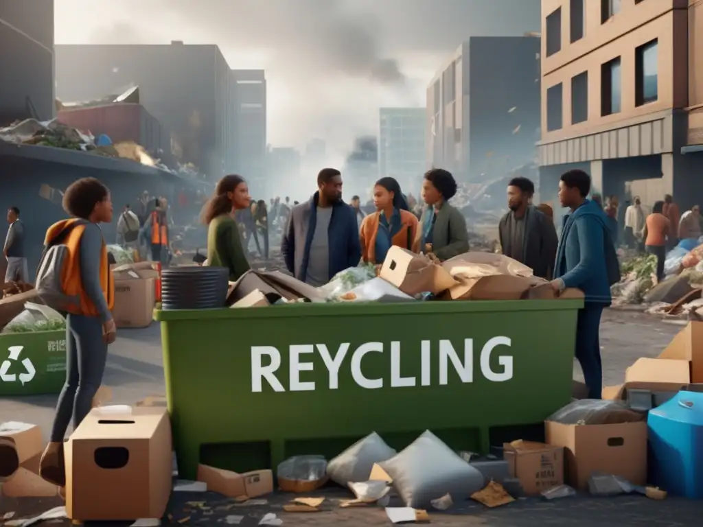 Reciclaje como clave en supervivencia: Descripción de imagen de personas clasificando residuos en un entorno urbano devastado tras un desastre natural