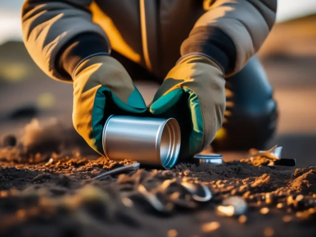 Reutilizar latas de aluminio en supervivencia: Manos con guantes sujetando una lata usada, rodeadas de herramientas necesarias para su reutilización