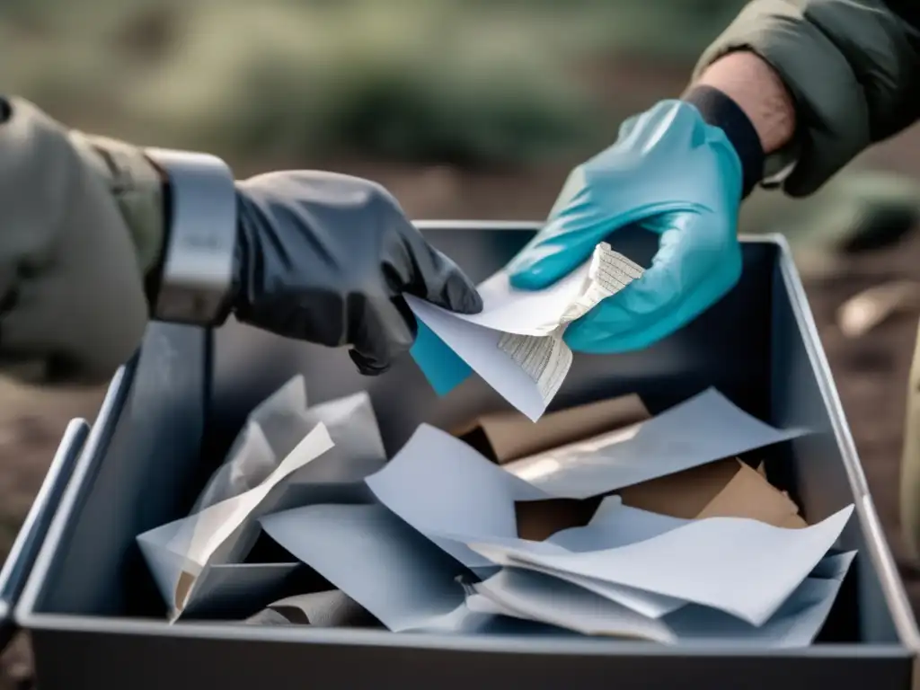 Reciclaje de papel en supervivencia: manos preparando papel para reciclar en un escenario de supervivencia