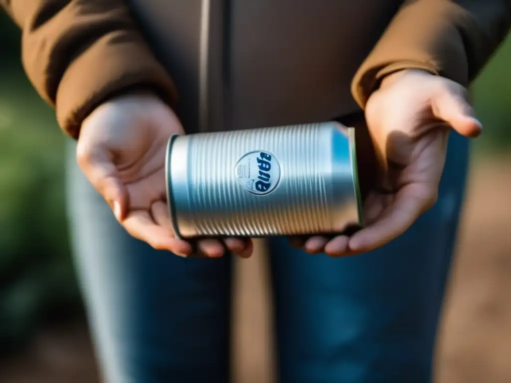 Reutilizar latas de aluminio en supervivencia: manos sostienen una lata reciclada como contenedor de agua, mostrando su durabilidad y versatilidad