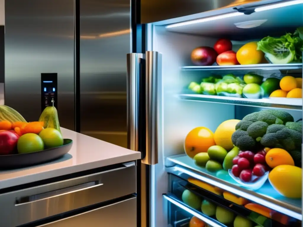 Refrigerador moderno con acabados de acero inoxidable y puerta de vidrio