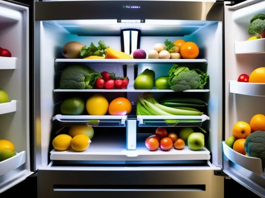 Consejos para conservar alimentos en una nevera bien organizada con iluminación LED brillante y alimentos frescos en recipientes adecuados