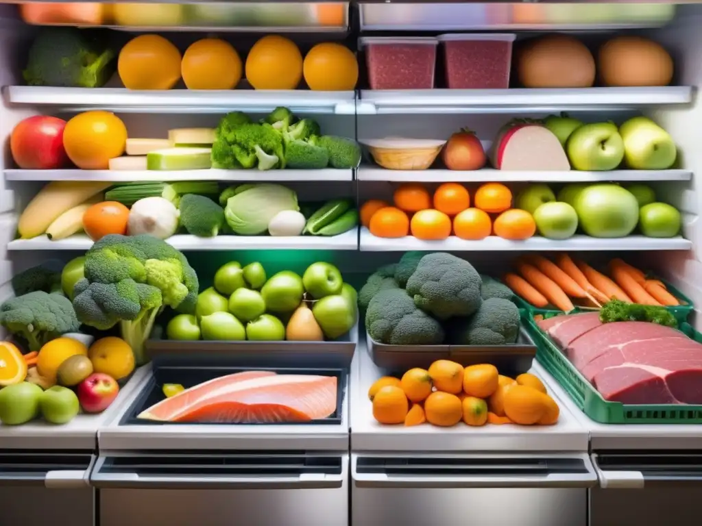 Consejos para conservar alimentos: Refrigerador bien organizado con frutas, verduras, carnes y lácteos en compartimentos designados