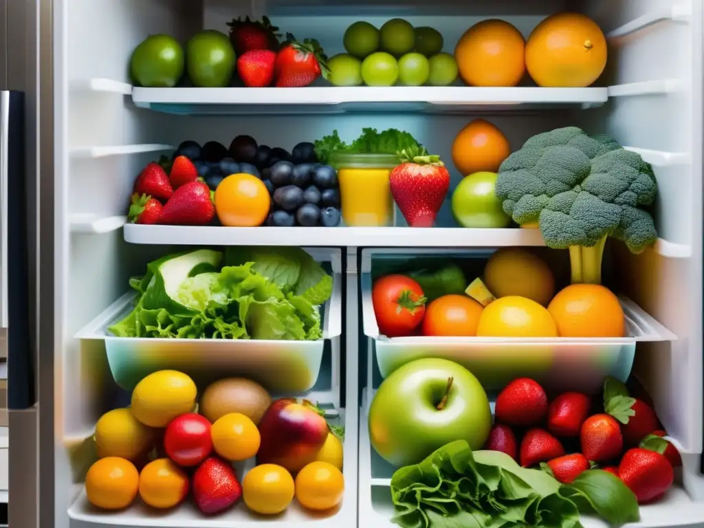 Frutas y verduras frescas en refrigerador organizado - Técnicas caseras conservación frutas verduras