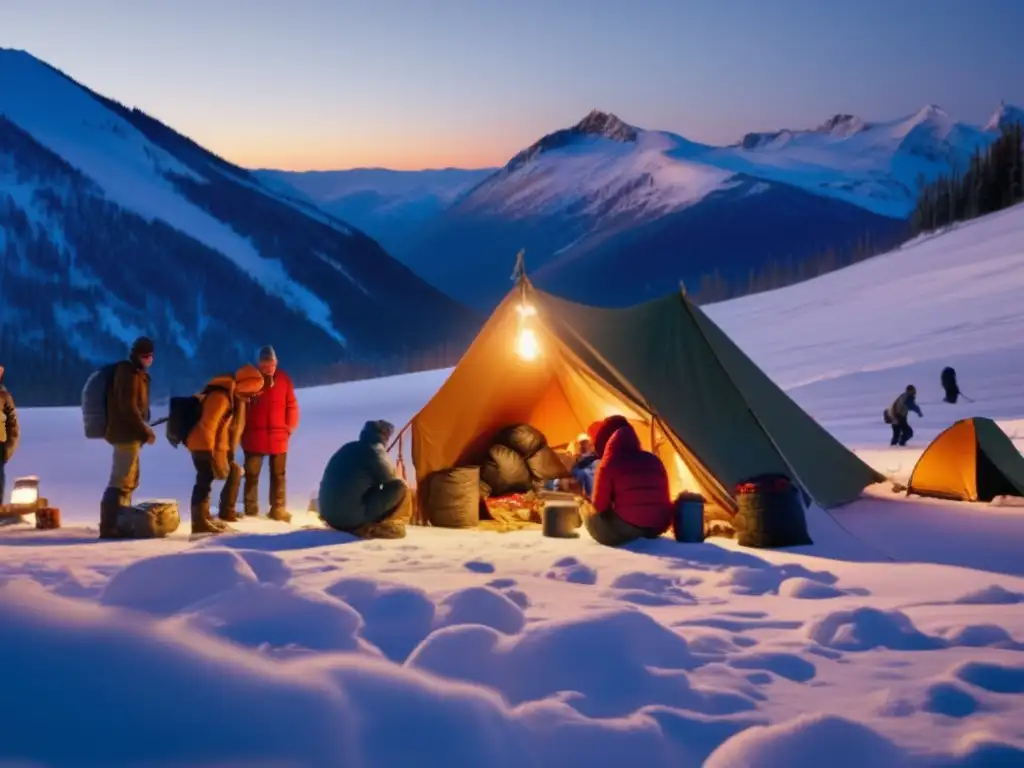 Paisaje de montaña nevada al anochecer con refugio de emergencia y actividades de supervivencia