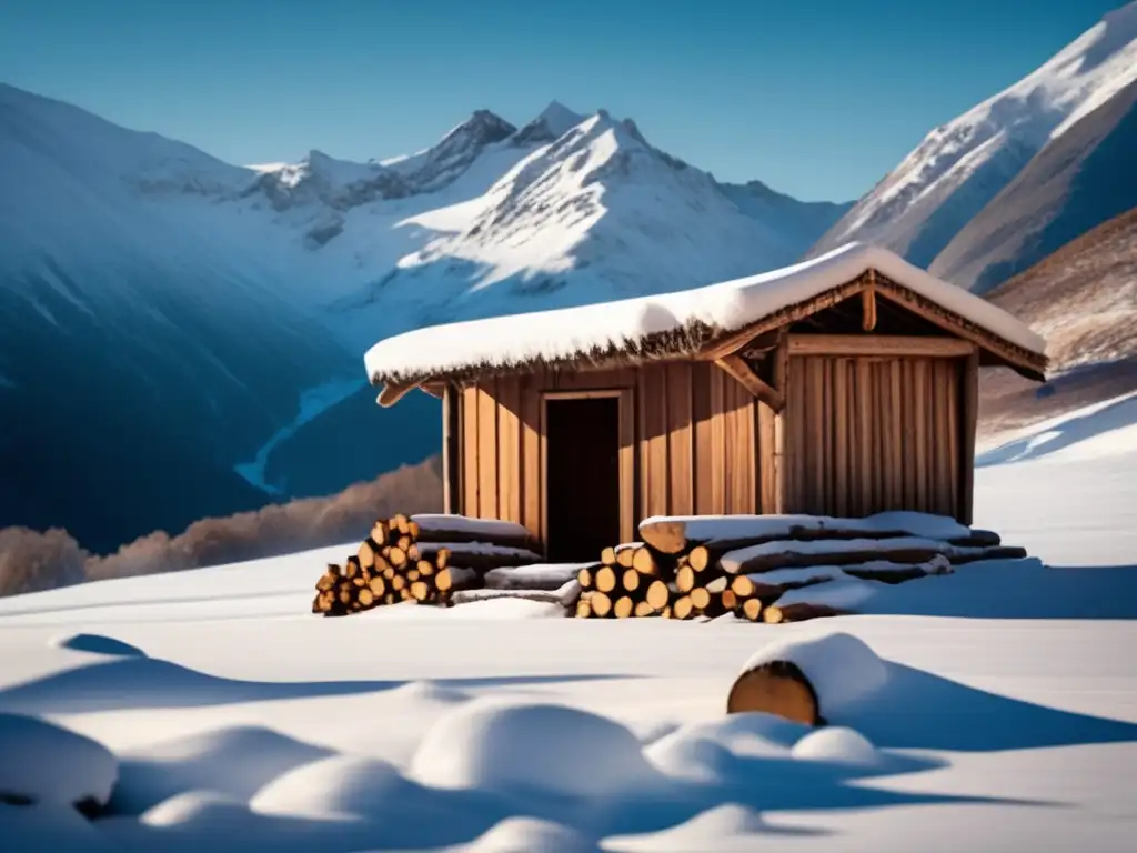 Refugio de invierno con montañas nevadas, técnicas de construcción, preparación para el frío, caza y supervivencia