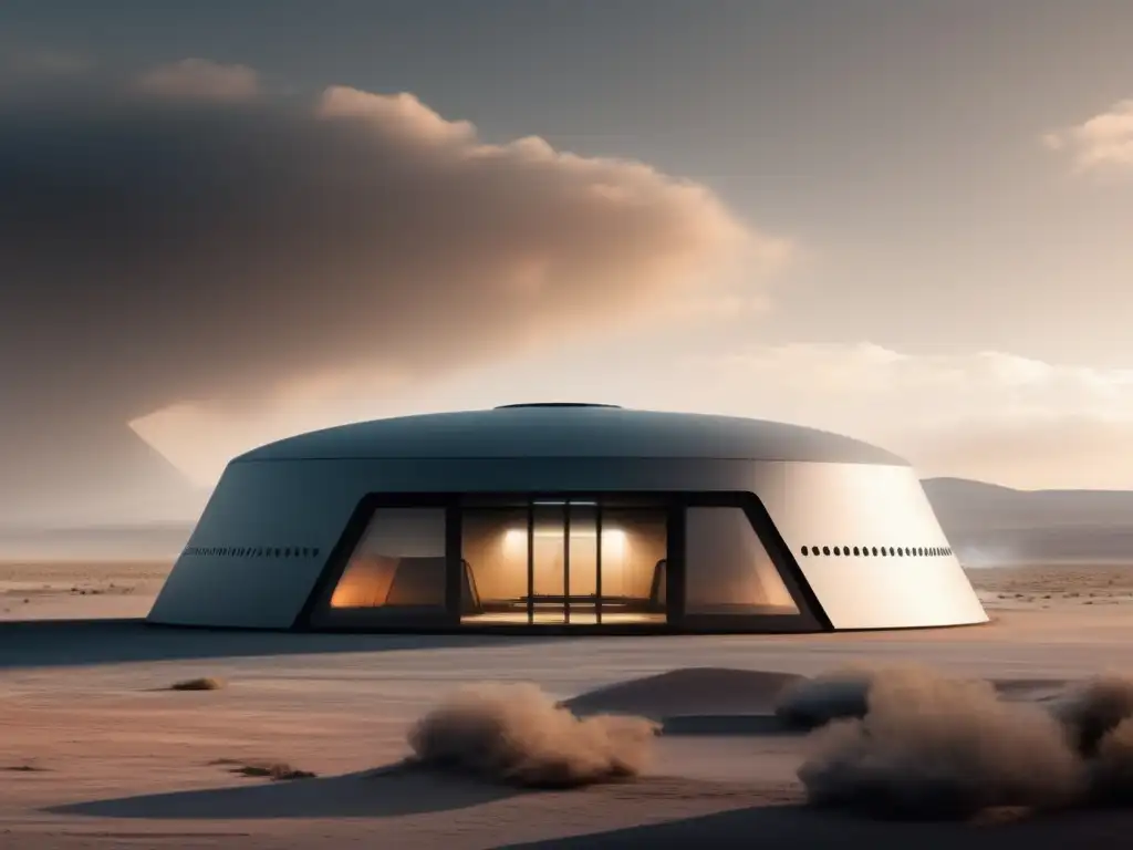 Refugio de supervivencia: diseño futurista en paisaje desolado, rodeado de humo tóxico