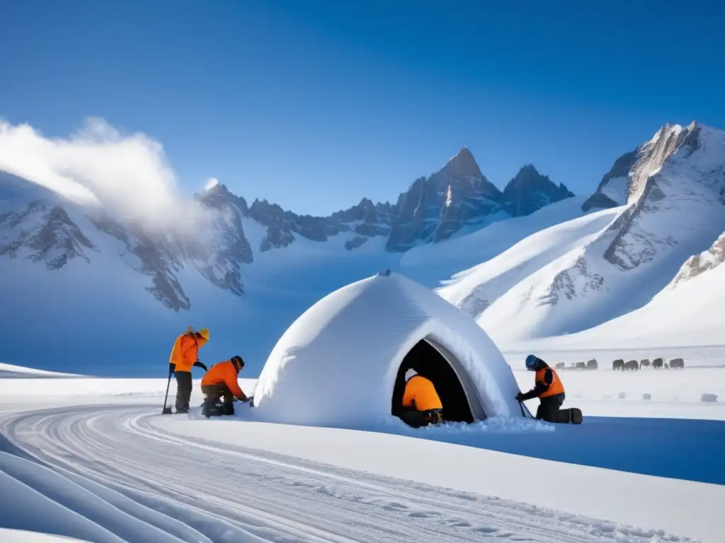 Preparación invierno extremo: equipo construye refugios en paisaje nevado