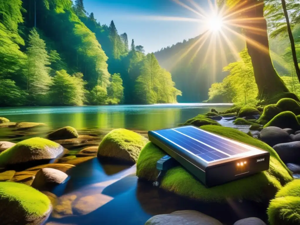 Energía renovable para sobrevivir: paisaje de bosque denso, río cristalino, sol brillante, equipo de supervivencia ecoamigable