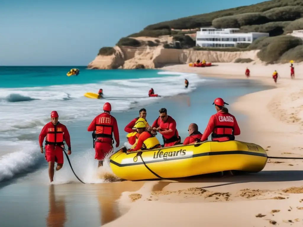 Rescate acuático con lifeguards profesionales Técnicas rescate acuático supervivencia: Lifeguards en acción rescatando en playa paradisíaca