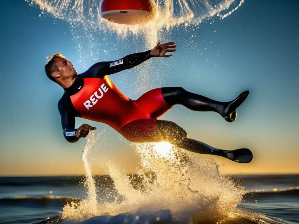 Rescate acuático: habilidad y precisión Técnicas de rescate acuático: Un lifeguard experto en acción, mostrando fuerza y precisión en un entorno tranquilo