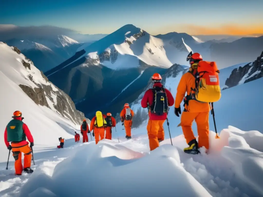 Profesionales de búsqueda y rescate en paisaje de montaña nevado tras avalancha - Preparación para avalanchas: Guía paso a paso