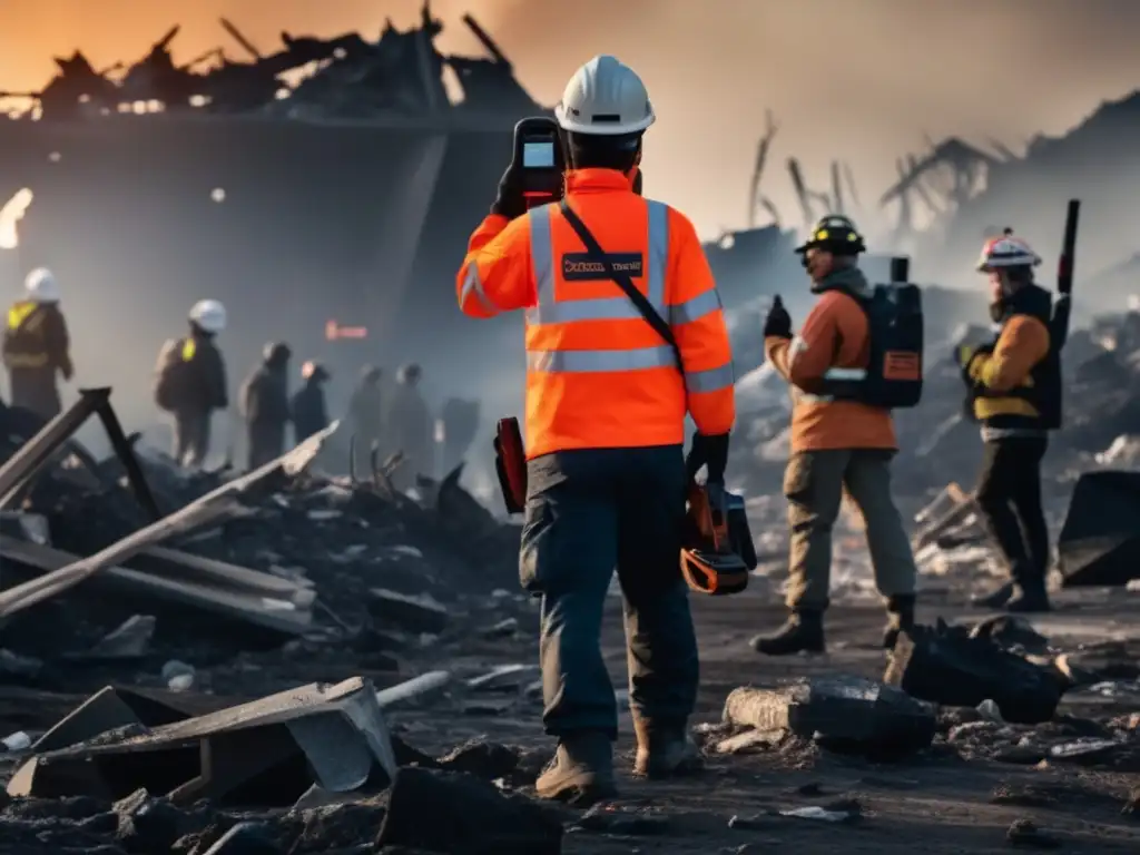 Grupo de rescatistas en zona de desastre con walkietalkie: Beneficios de un walkietalkie en desastres