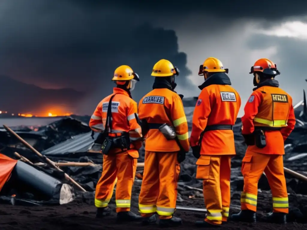 Equipo de rescate en uniformes naranjas coordinando esfuerzos en un paisaje urbano post-desastre