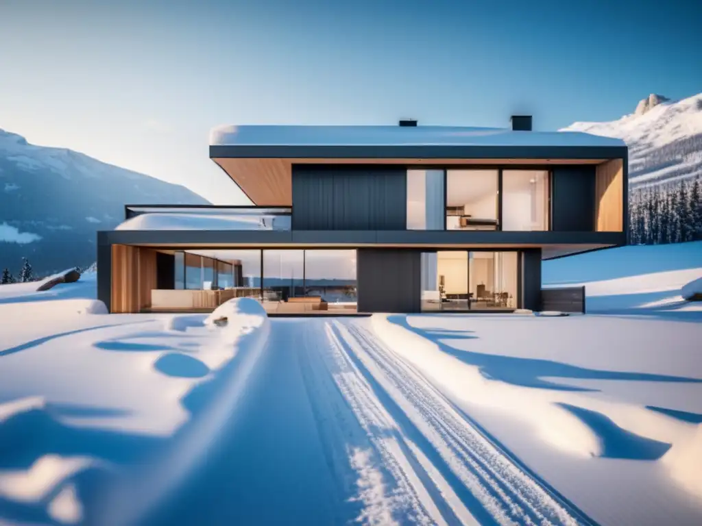 Casa resistente tormentas nieve, arquitectura contemporánea y paisaje nevado