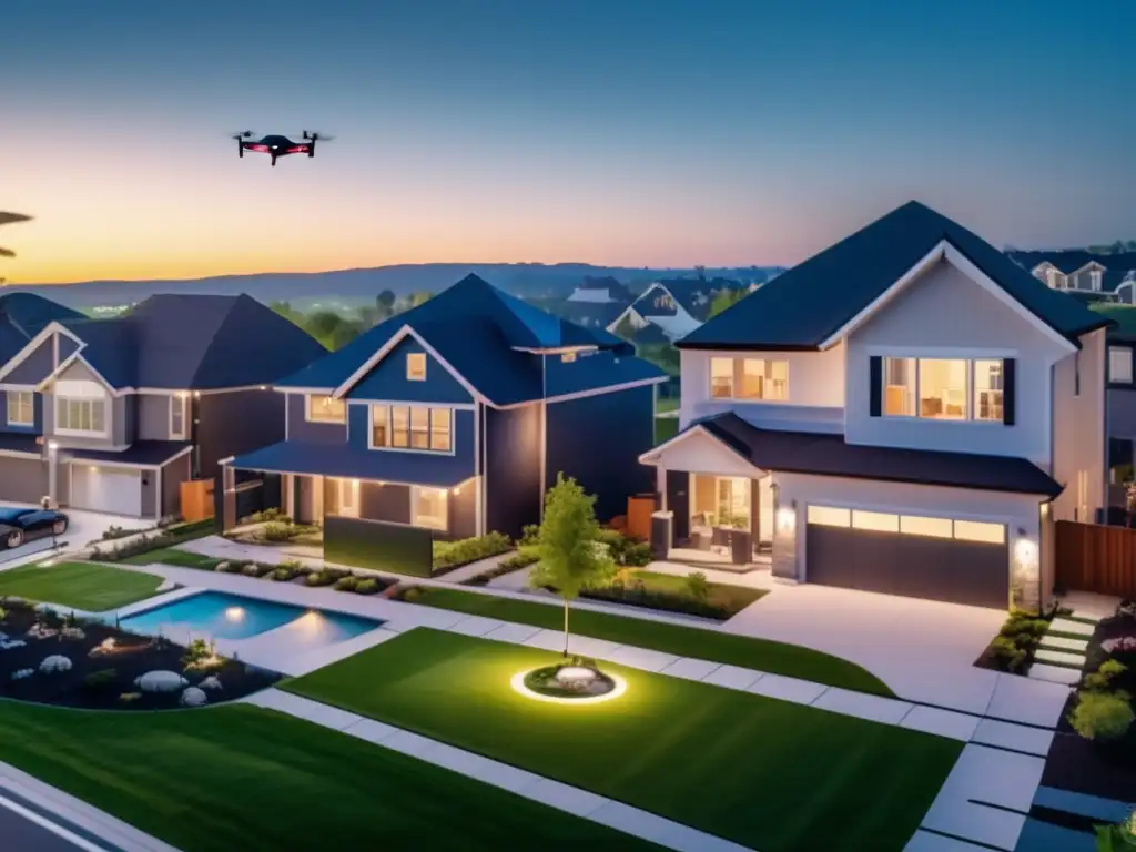 Importancia de drones en seguridad personal y familiar, imagen de vecindario residencial moderno al atardecer