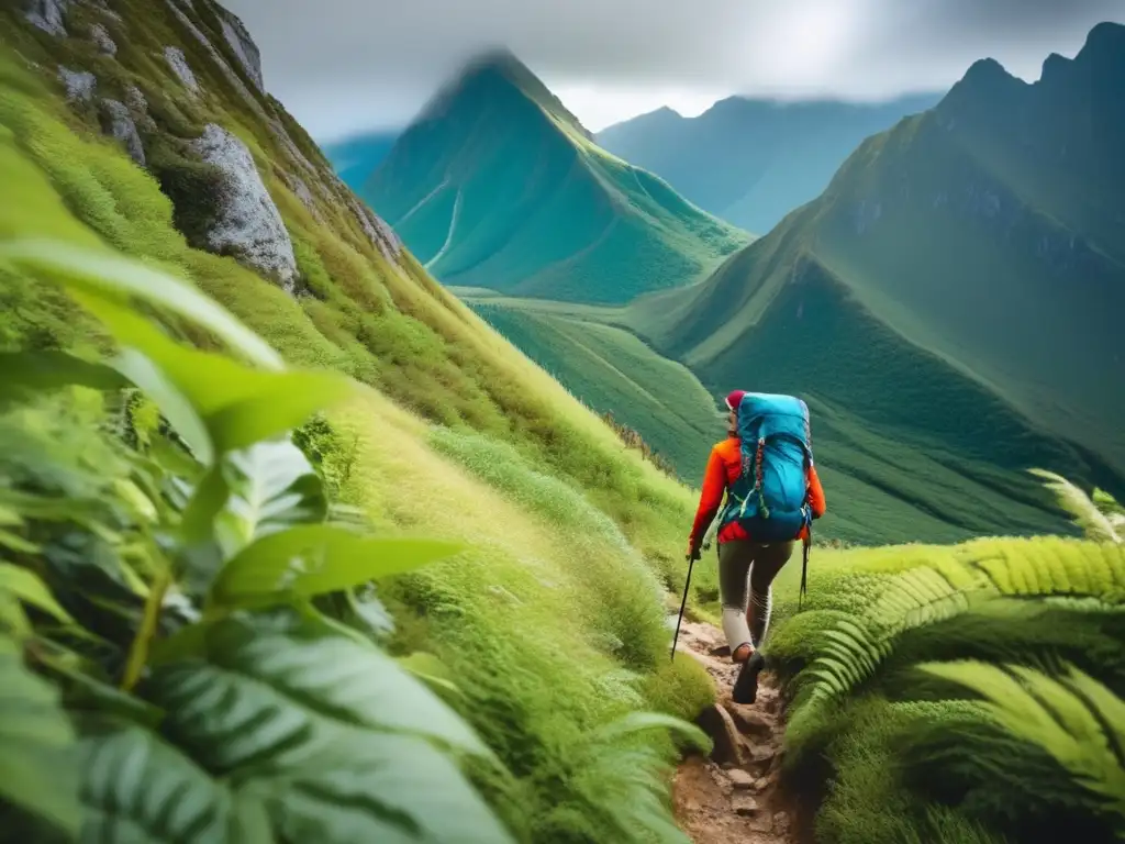 Importancia de la actitud en la supervivencia: persona escalando montaña rodeada de naturaleza exuberante