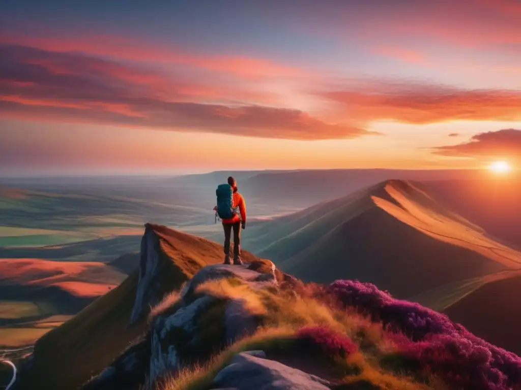 Persona en el borde de un acantilado, paisaje vasto y vibrante al atardecer