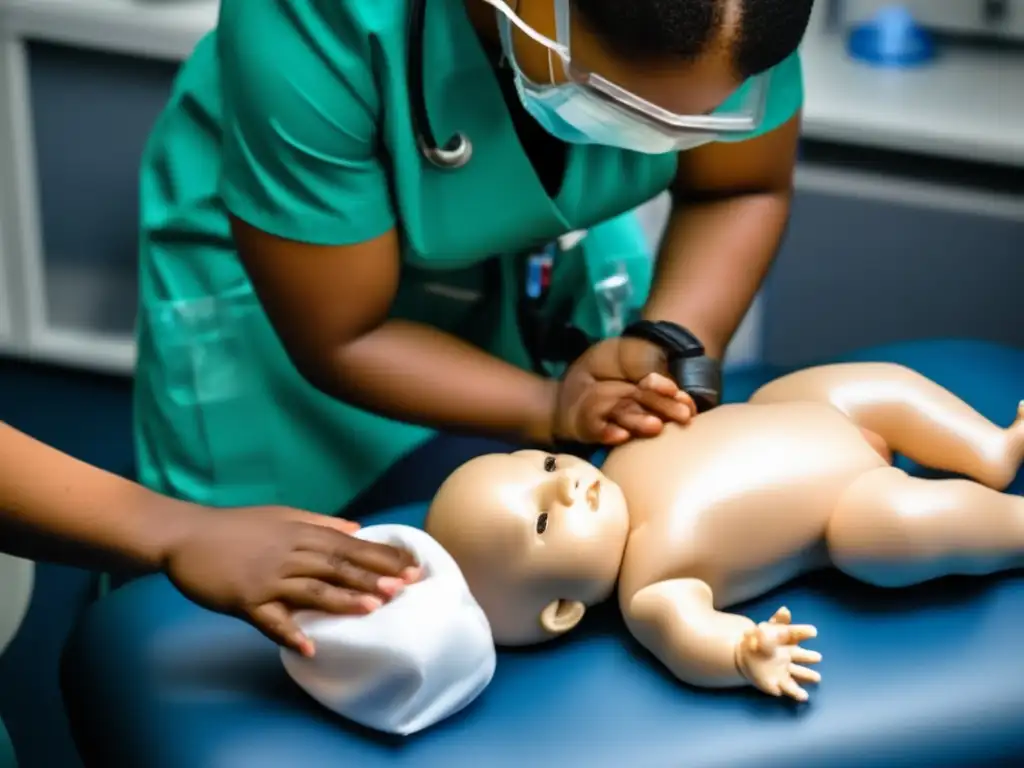 Técnicas RCP principiantes: médico realizando RCP en niño, con equipos médicos y ambiente estéril