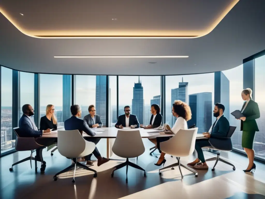 Reunión profesional en sala con vista panorámica, destacando la comunicación efectiva en situaciones de supervivencia