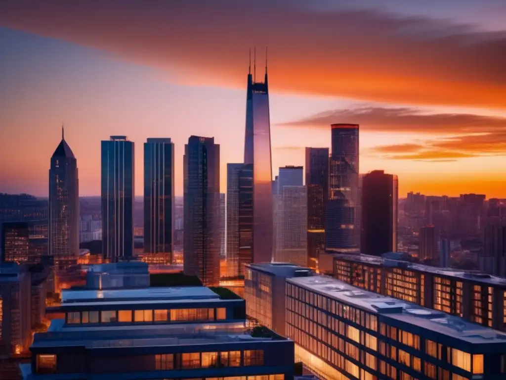 Ciudad moderna al atardecer, con rascacielos y edificio de apartamentos contemporáneo reflejando la puesta de sol