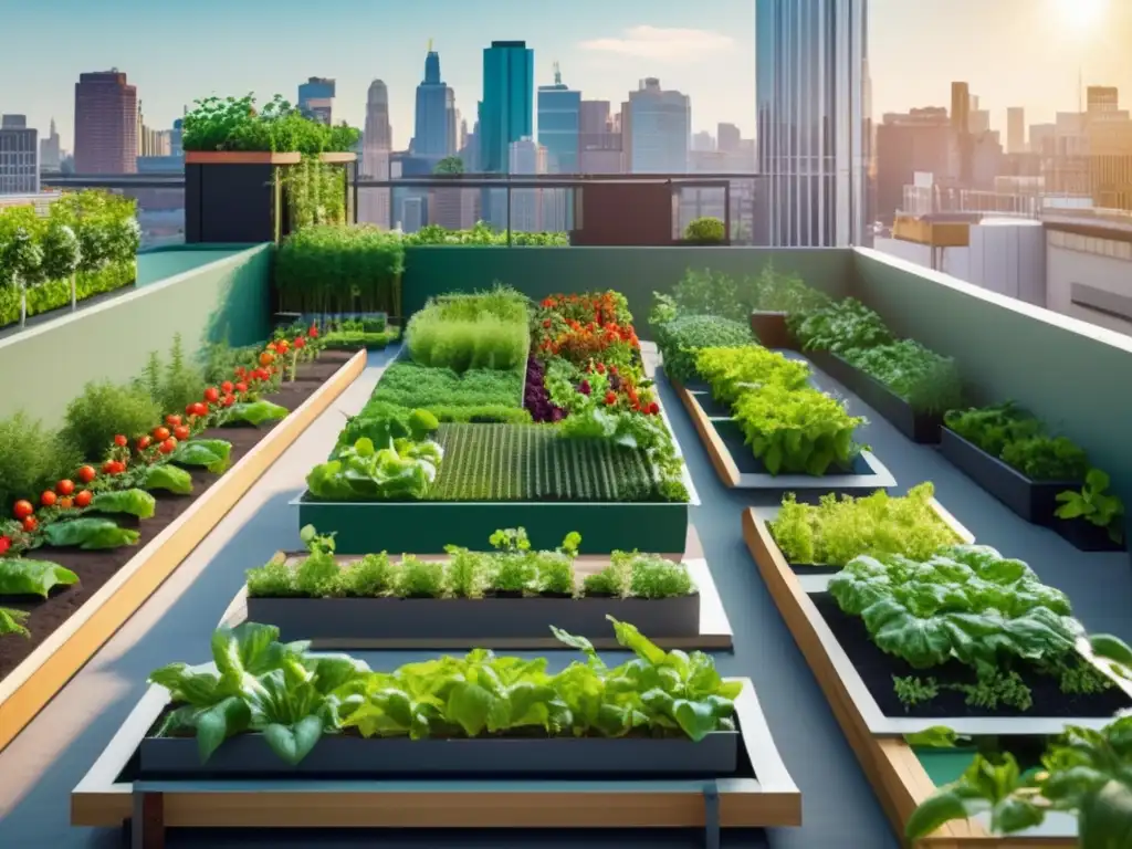 Cultivo de alimentos sin jardín en una vibrante imagen urbana de un jardín en la azotea, lleno de plantas y verduras frescas