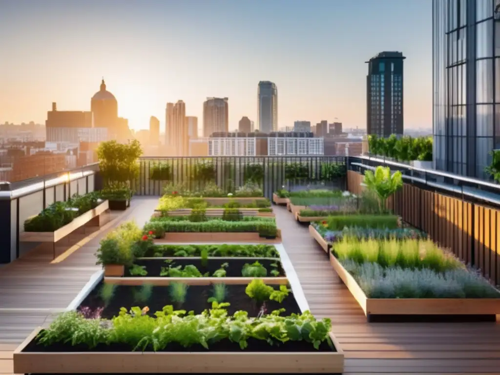 Diseño jardín comestible urbano en una ciudad vibrante con rascacielos y vegetación exuberante bajo la luz cálida del sol