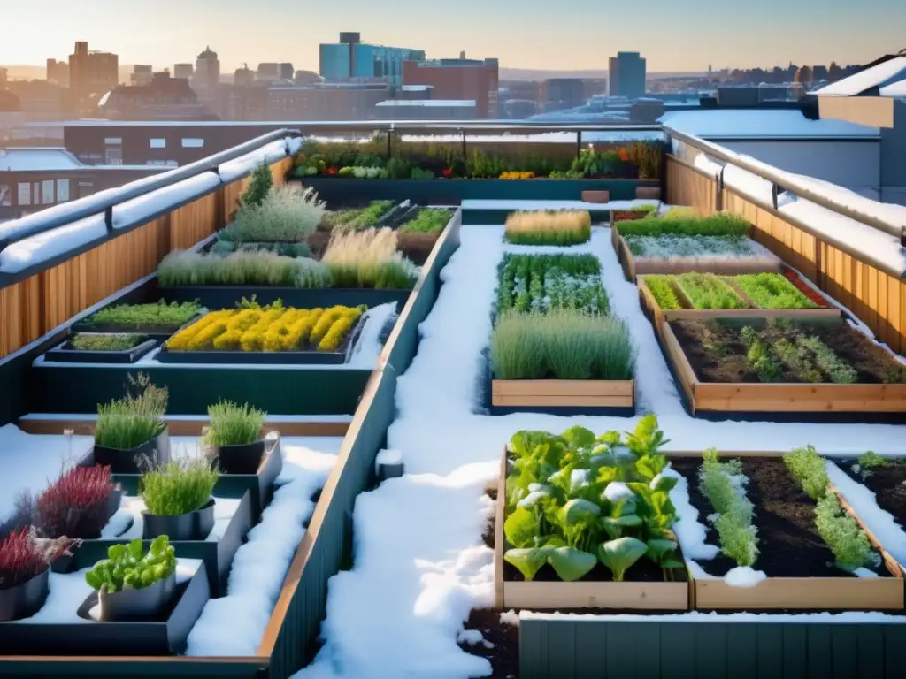 Conservación cultivos urbanos invierno: Jardín en invierno con vegetales y hierbas, cosecha exitosa con un toque de nieve