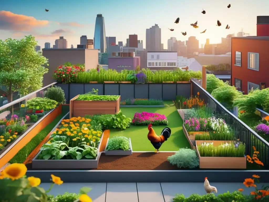 Beneficios gallinas urbanas en un jardín moderno con flores, plantas y vegetales vibrantes