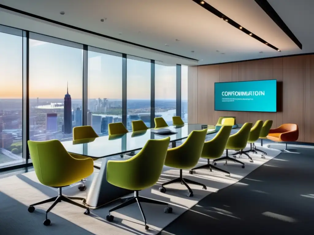 Sala de conferencias moderna con vista panorámica de ciudad y profesionales en evento de preparacionismo colaborativos