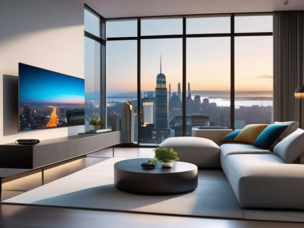 Sala minimalista inteligente con vista a la ciudad Sala moderna con herramientas financieras para preppers en tiempos de inflación