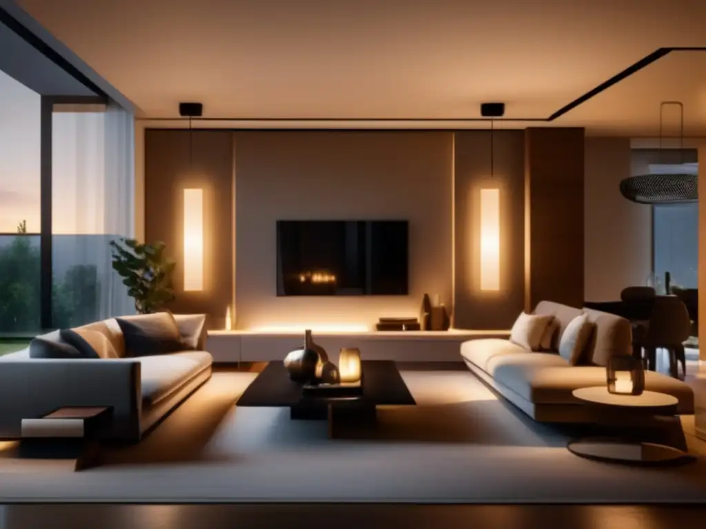 Elegante sala de estar bien iluminada con muebles minimalistas y focos estratégicos resaltando áreas clave