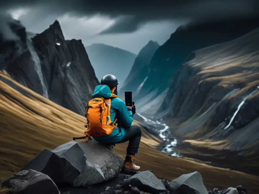 Teléfono satelital supervivencia guía completa, persona en montañas con tormenta, sostiene el teléfono