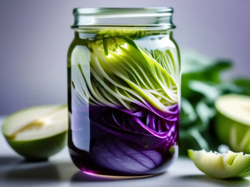 Beneficios y receta del chucrut casero: jarra de vidrio llena de sauerkraut morado y verde, fermentado y nutritivo