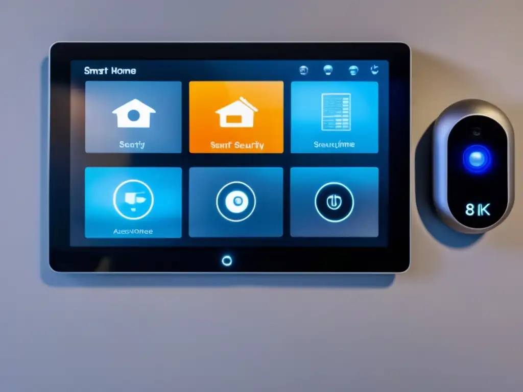 Beneficios seguridad inteligente: hogar futurista con control panel, cámaras, biometría y tecnología de vanguardia