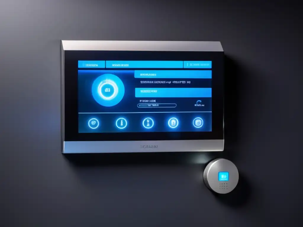 Moderno sistema de seguridad para el hogar con control panel táctil, cámaras de vigilancia y sensores de movimiento