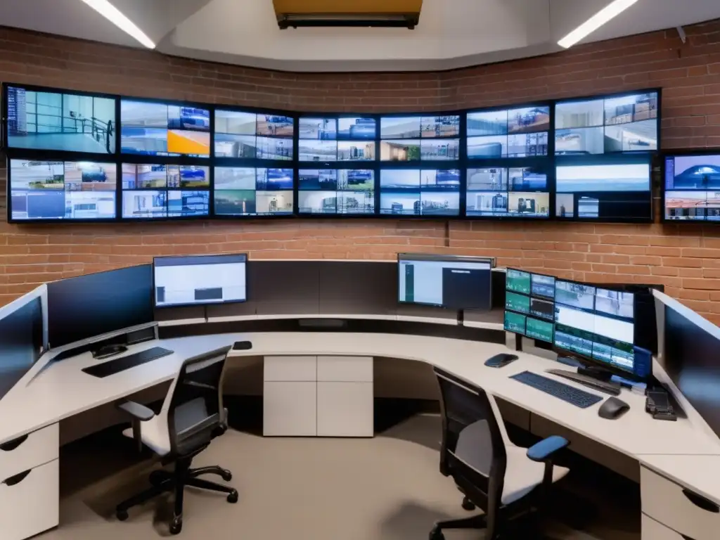 Sistema seguridad perimetral: guía completa, hightech vigilancia con cámaras avanzadas, control room, paisaje iluminado y límites claros