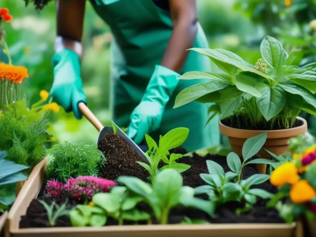 Vendas medicinales con plantas caseras: persona seleccionando y recolectando plantas medicinales en un jardín vibrante